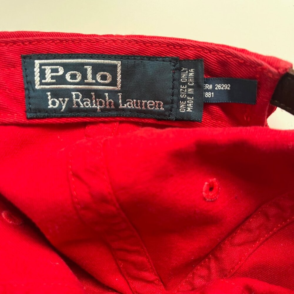 Vintage Polo Ralph Lauren Cotton Chino Ball Cap in Red/Blue with Leather Strap - Picture 3 of 8